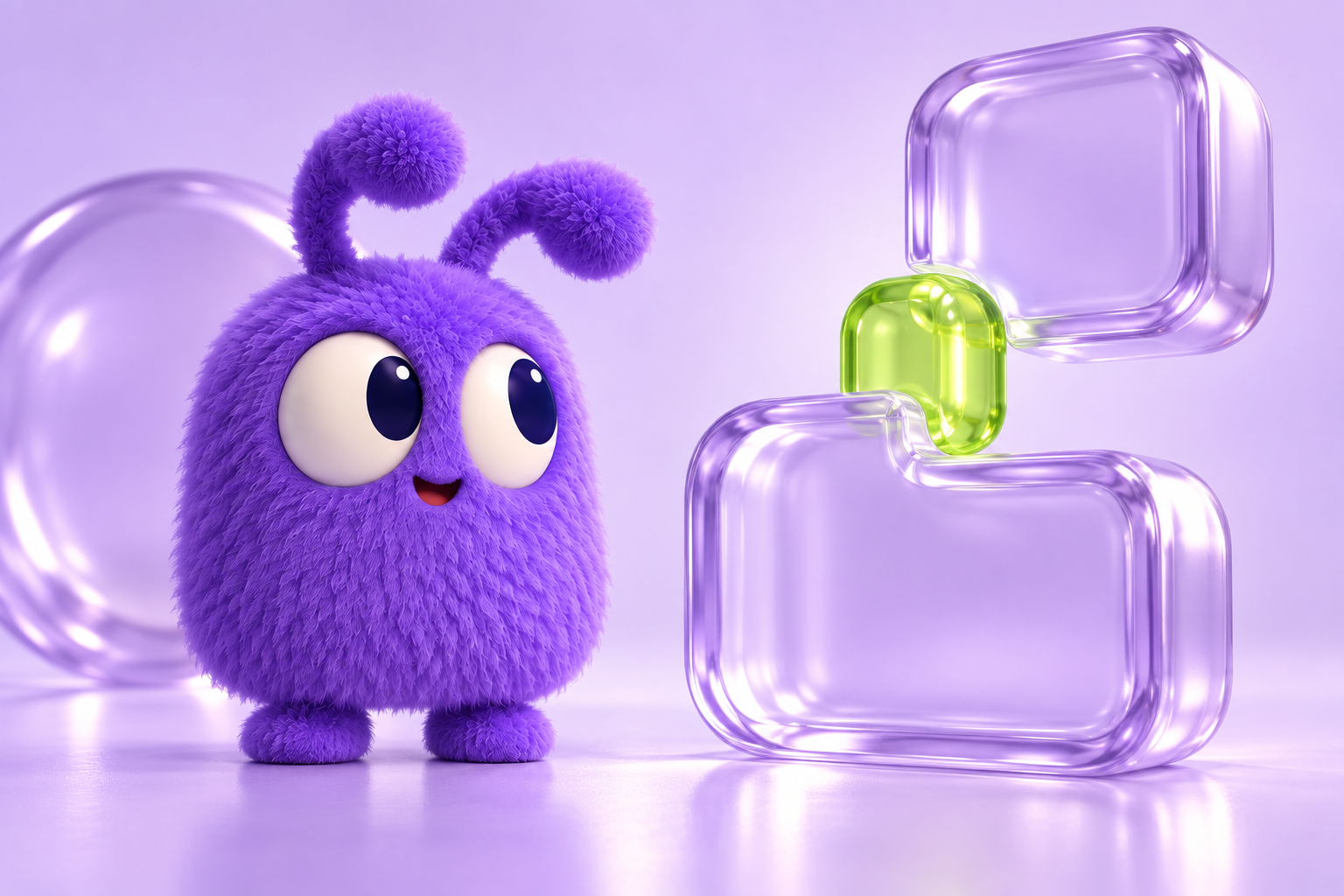 The violet Maker character considering a set of connected glass forms