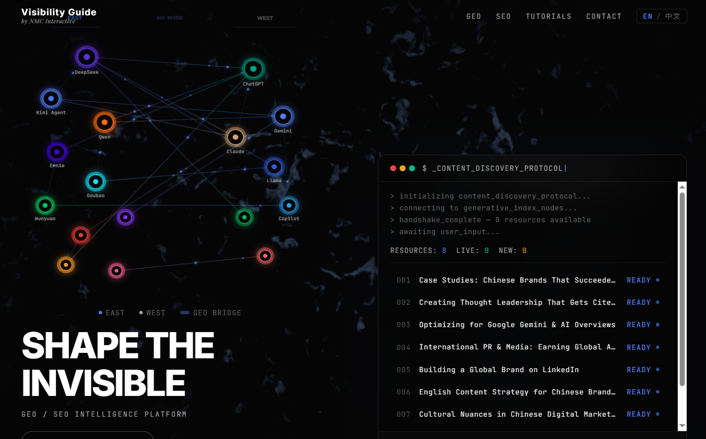 Visibility Guide by NMC Interactive showing its live GEO resource map and tutorial interface